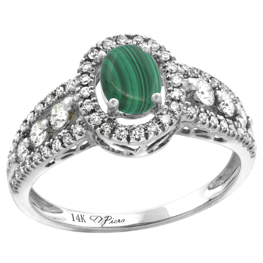 14k White Gold Diamond Genuine Malachite Halo Engagement Ring Oval 7x5mm, size 5-10