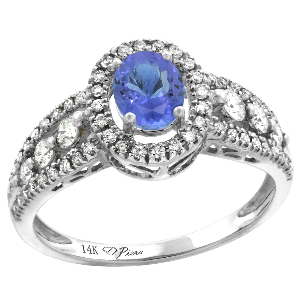 14k White Gold Diamond Genuine Tanzanite Halo Engagement Ring Oval 7x5mm, size 5-10
