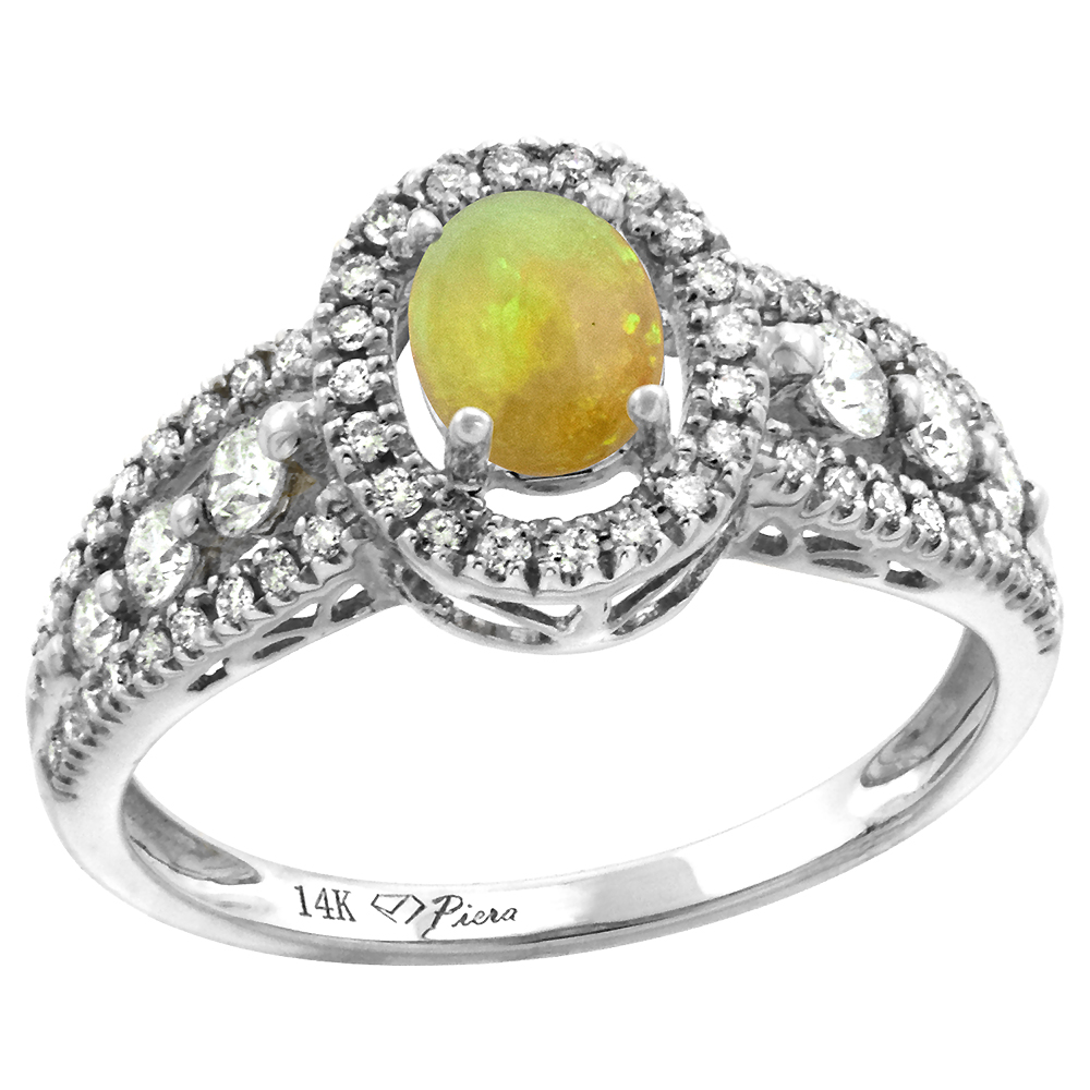 14k White Gold Diamond Genuine Ethiopian Opal Halo Engagement Ring Oval 7x5mm, size 5-10