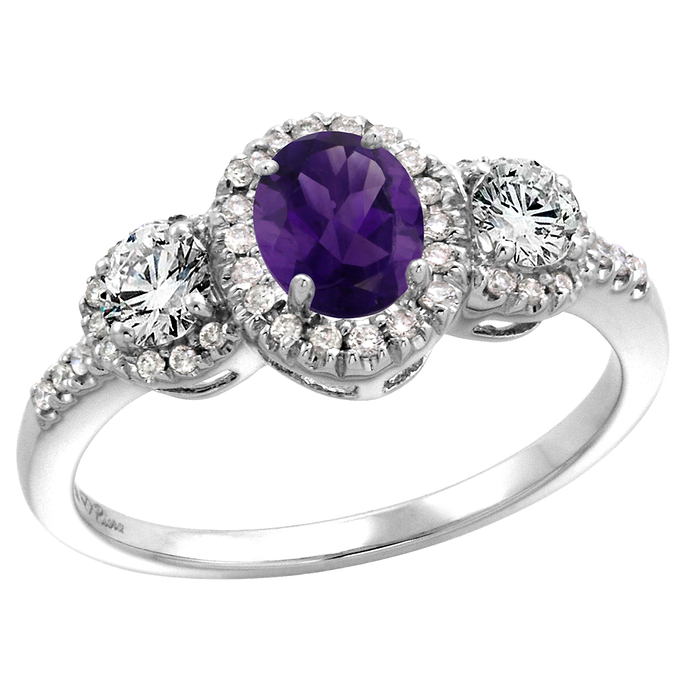 14k White Gold Diamond Genuine Amethyst Halo Engagement Ring Oval 7x5mm, size 5-10
