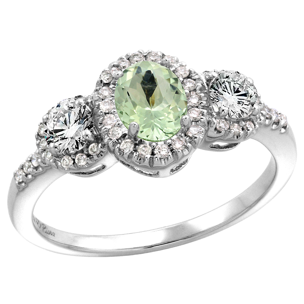 14k White Gold Diamond Genuine Green Amethyst Halo Engagement Ring Oval 7x5mm, size 5-10