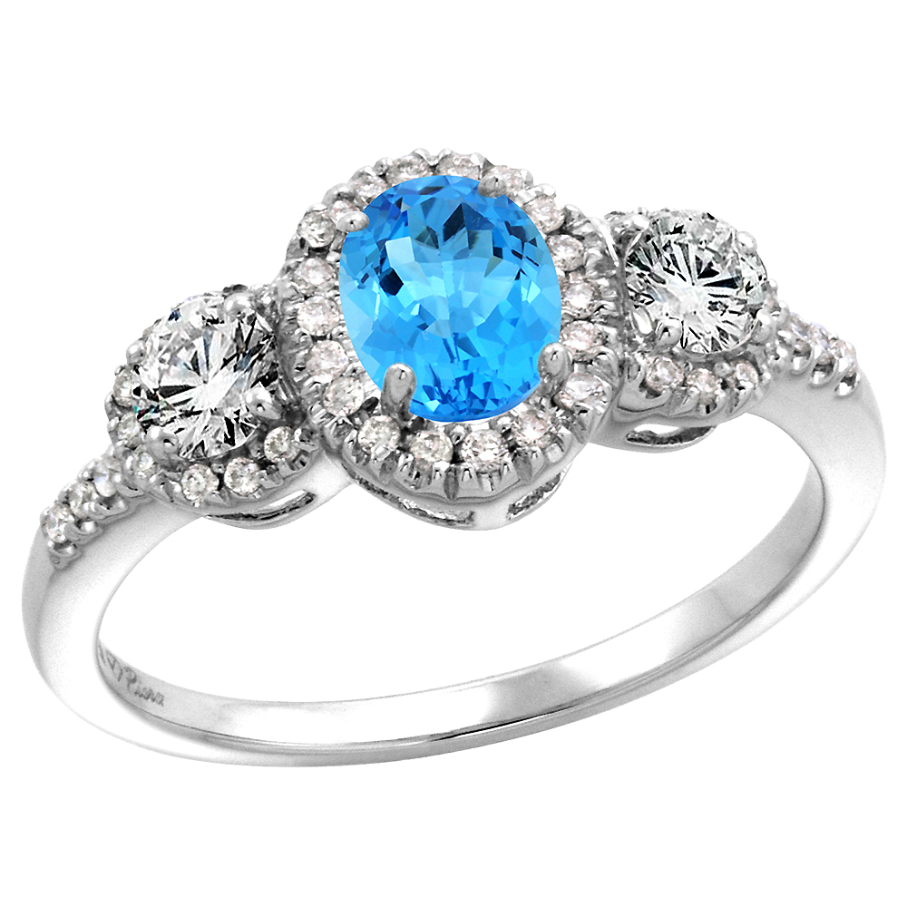 14k White Gold Diamond Genuine Swiss Blue Topaz Halo Engagement Ring Oval 7x5mm, size 5-10