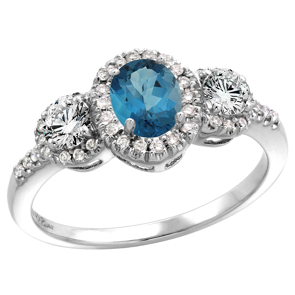 14k White Gold Diamond Genuine London Blue Topaz Halo Engagement Ring Oval 7x5mm, size 5-10