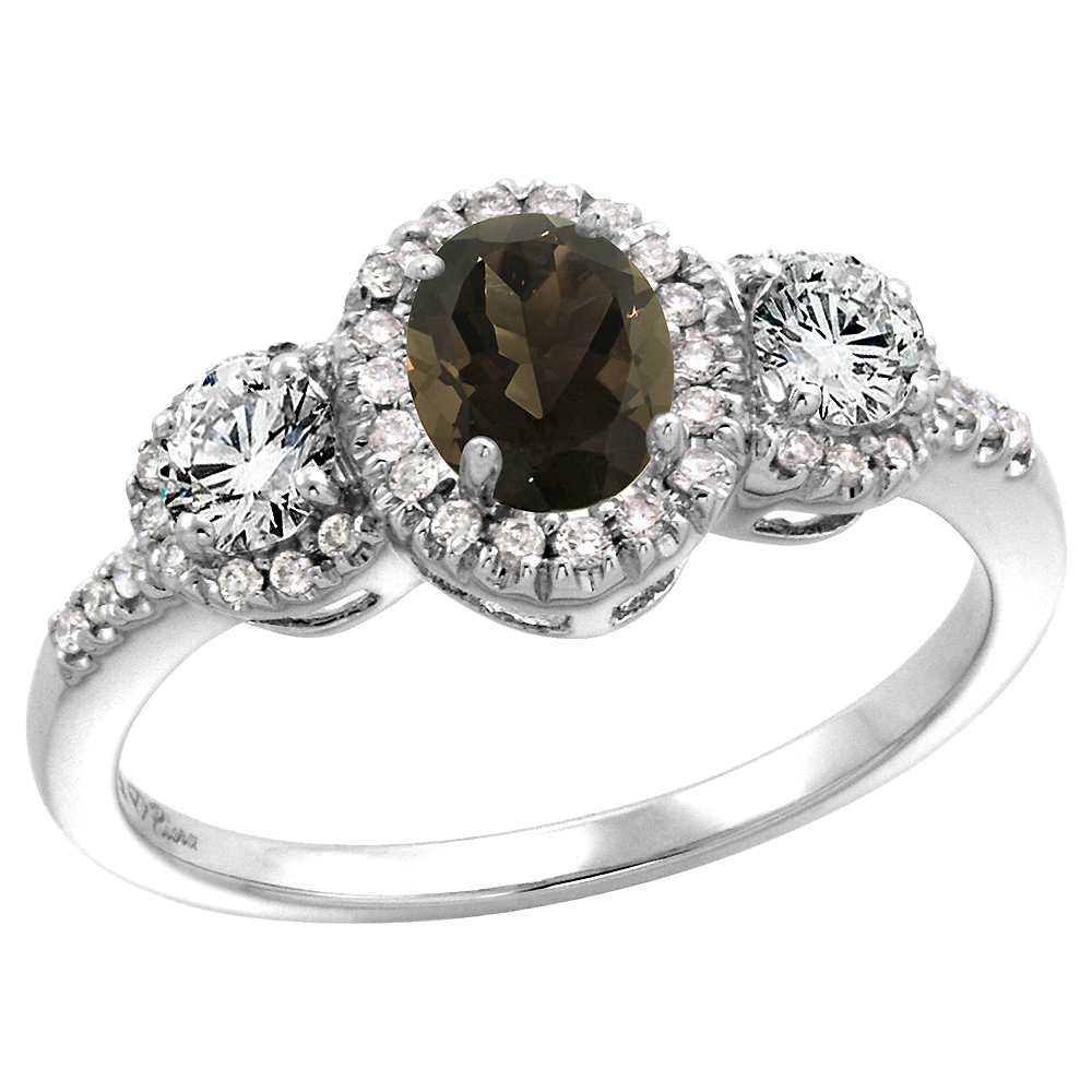 14k White Gold Diamond Genuine Smoky Topaz Halo Engagement Ring Oval 7x5mm, size 5-10