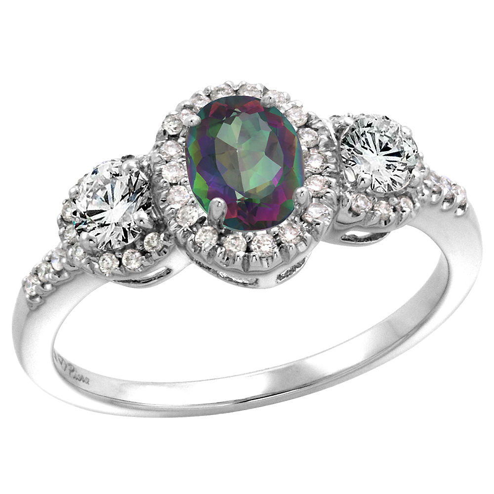 14k White Gold Diamond Genuine Mystic Topaz Halo Engagement Ring Oval 7x5mm, size 5-10