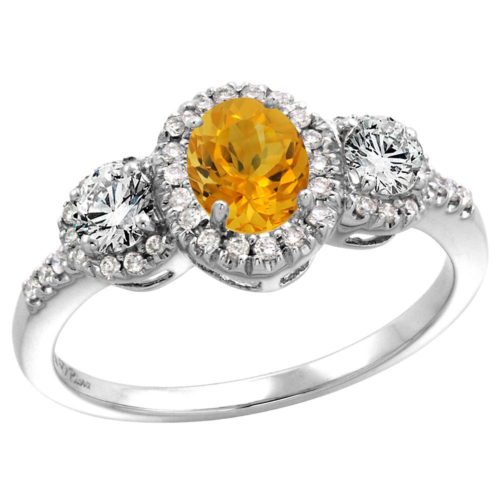 14k White Gold Diamond Genuine Citrine Halo Engagement Ring Oval 7x5mm, size 5-10
