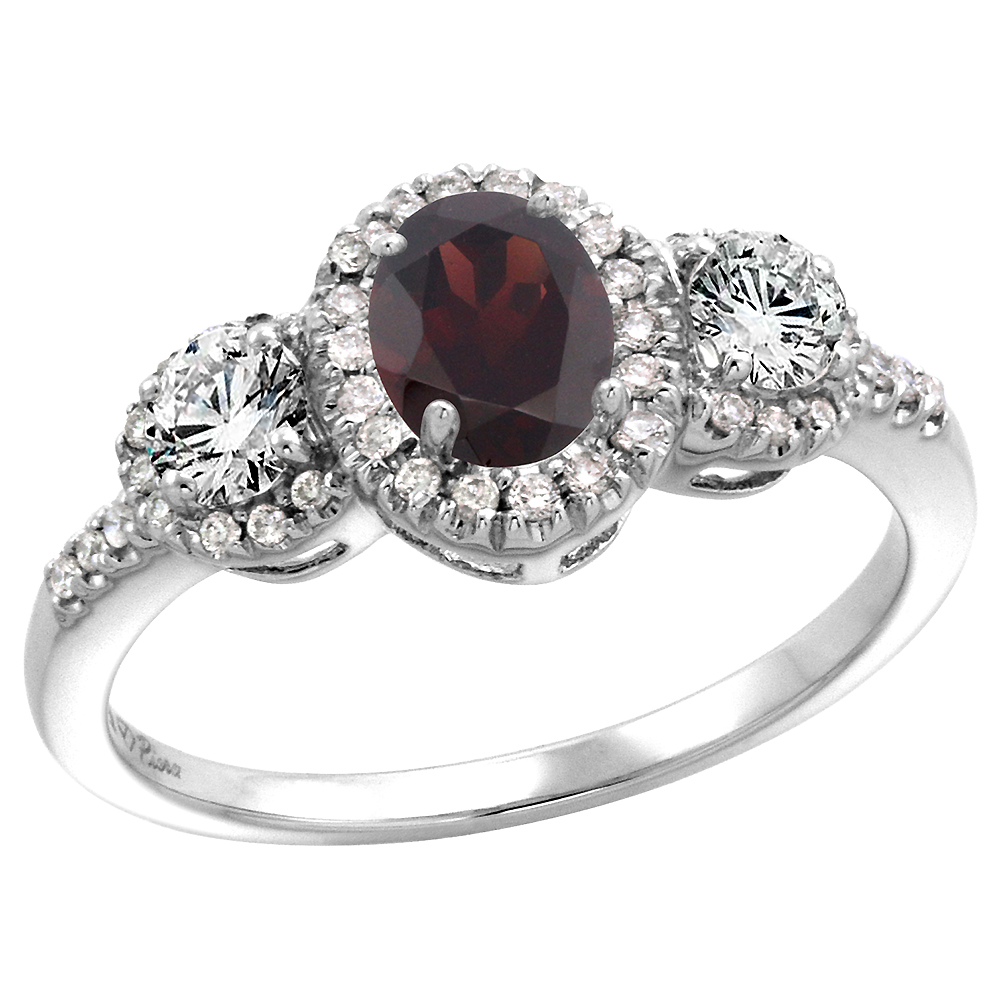 14k White Gold Diamond Genuine Garnet Halo Engagement Ring Oval 7x5mm, size 5-10