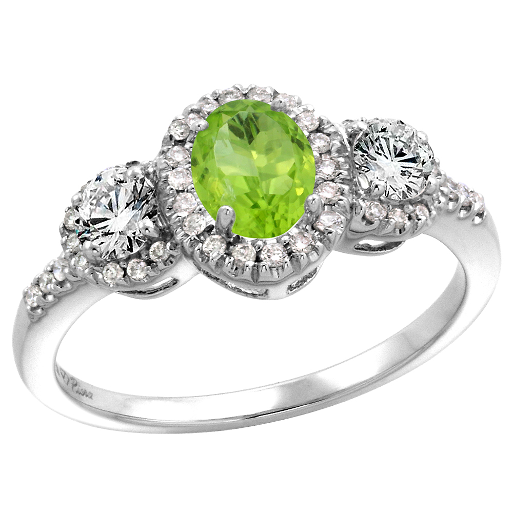 14k White Gold Diamond Genuine Peridot Halo Engagement Ring Oval 7x5mm, size 5-10