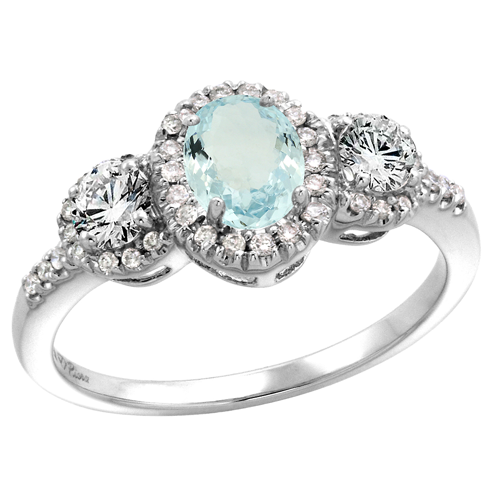 14k White Gold Diamond Genuine Aquamarine Halo Engagement Ring Oval 7x5mm, size 5-10
