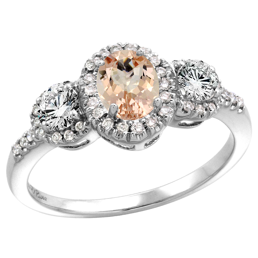 14k White Gold Diamond Genuine Morganite Halo Engagement Ring Oval 7x5mm, size 5-10