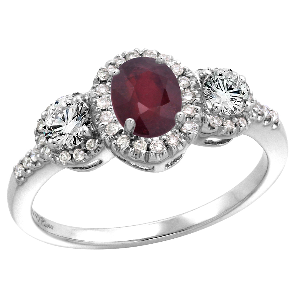 14k White Gold Diamond Enhanced Genuine Ruby Halo Engagement Ring Oval 7x5mm, size 5-10