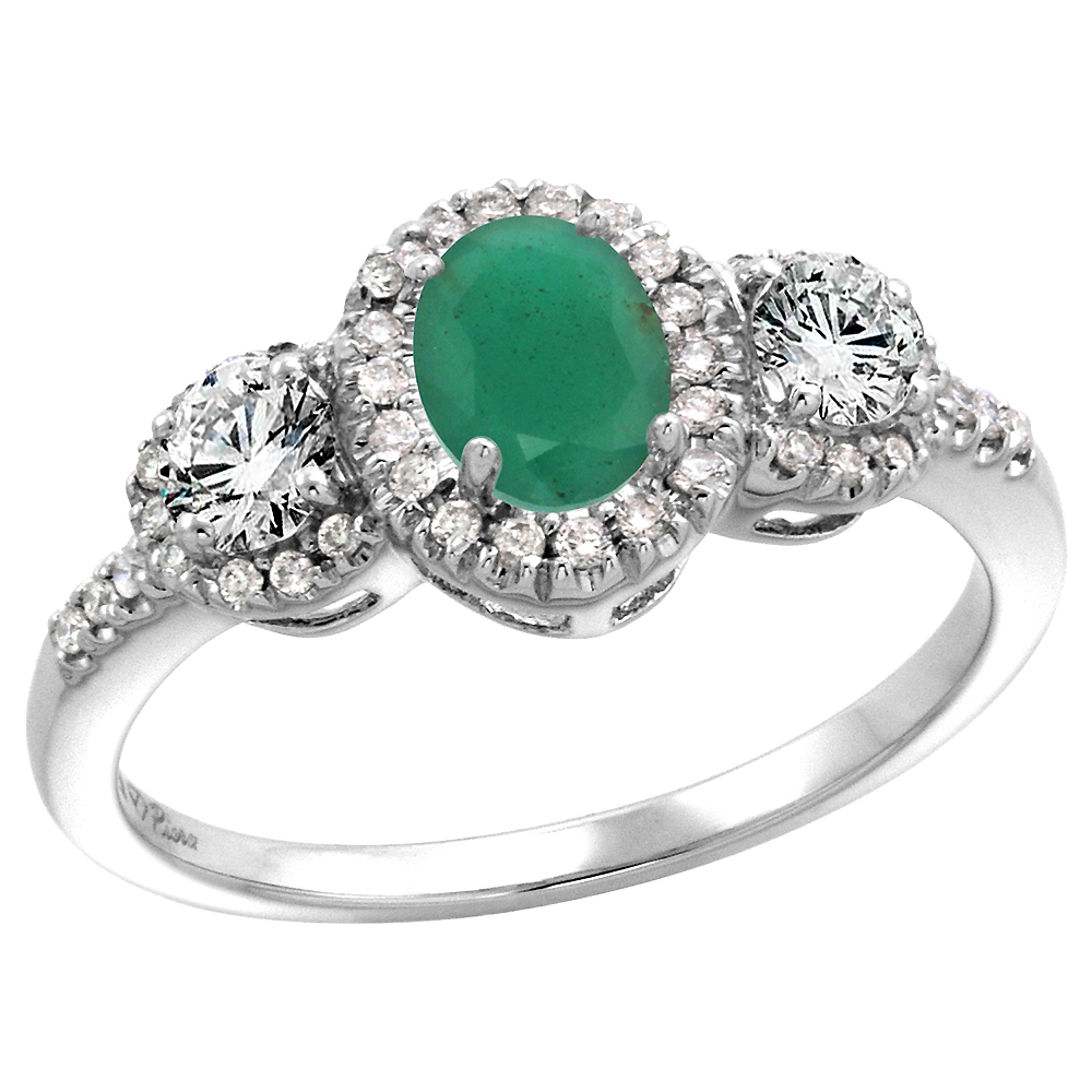 14k White Gold Diamond Genuine Emerald Halo Engagement Ring Oval 7x5mm, size 5-10