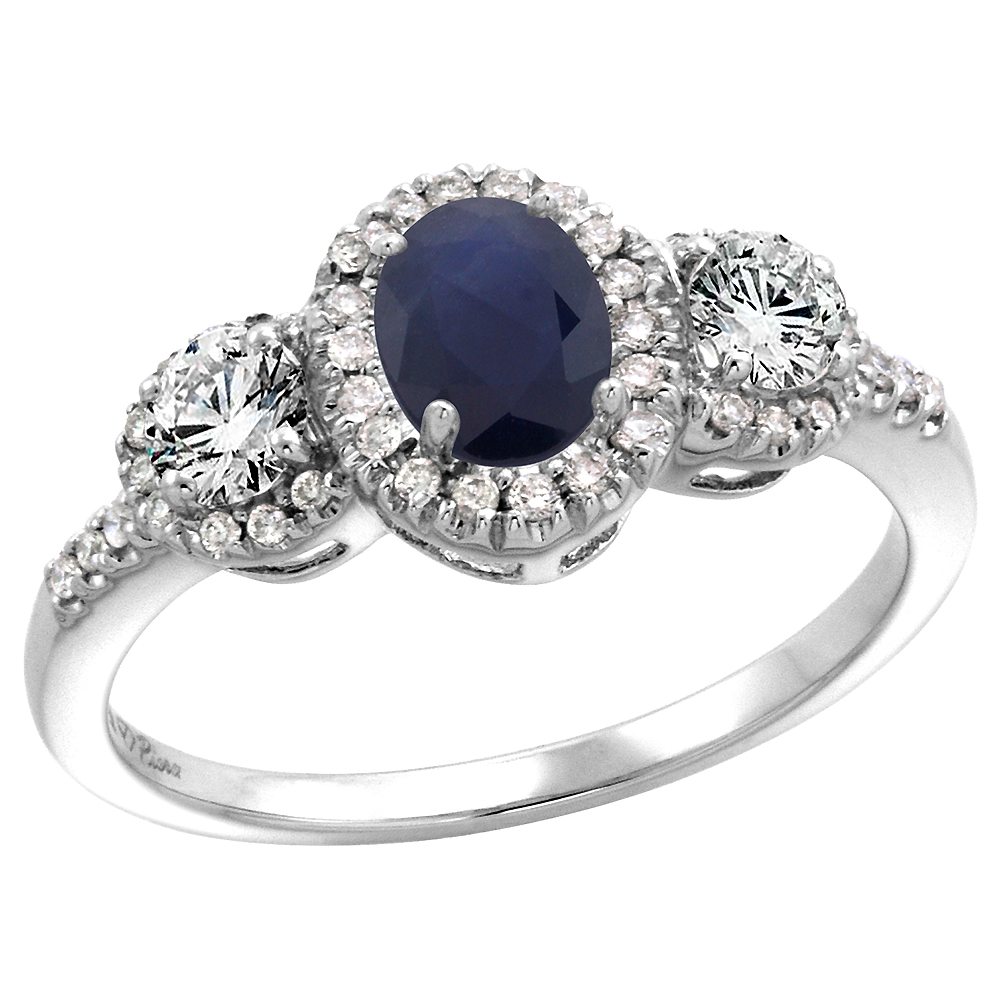 14k White Gold Diamond Genuine Blue Sapphire Halo Engagement Ring Oval 7x5mm, size 5-10