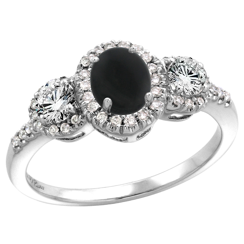 14k White Gold Diamond Genuine Black Onyx Halo Engagement Ring Oval 7x5mm, size 5-10