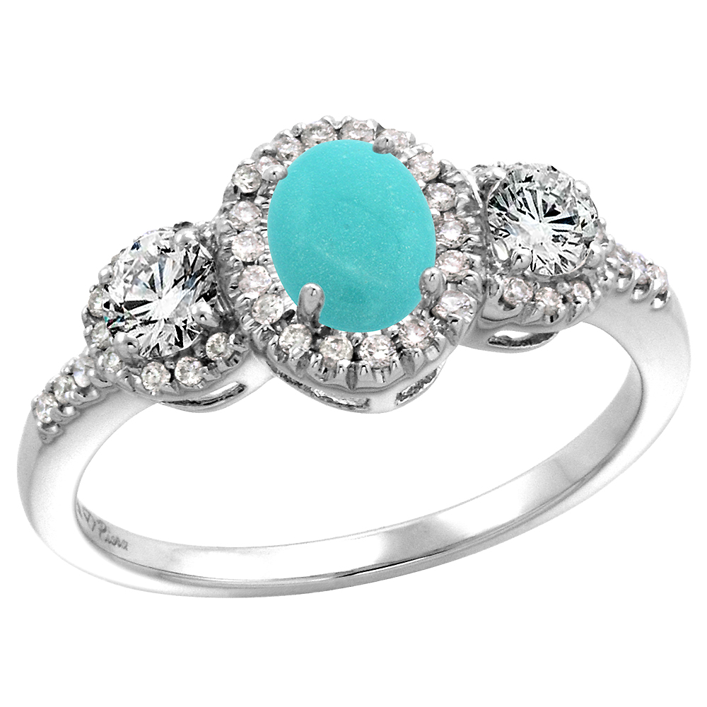 14k White Gold Diamond Genuine Turquoise Halo Engagement Ring Oval 7x5mm, size 5-10