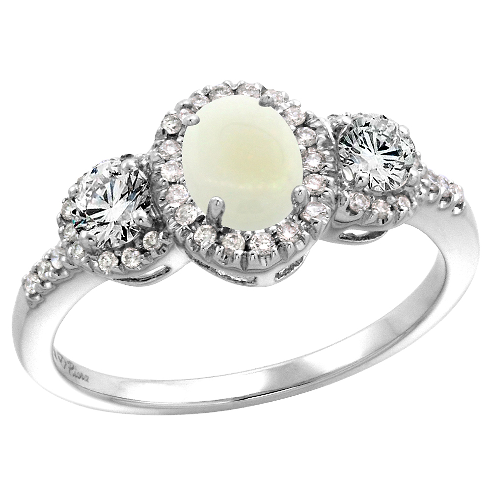 14k White Gold Diamond Genuine Opal Halo Engagement Ring Oval 7x5mm, size 5-10