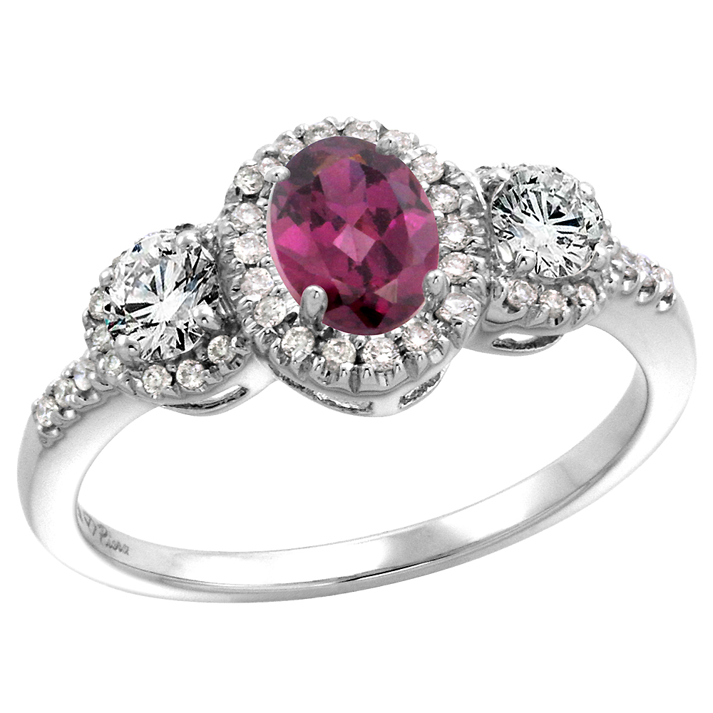 14k White Gold Diamond Genuine Rhodolite Garnet Halo Engagement Ring Oval 7x5mm, size 5-10