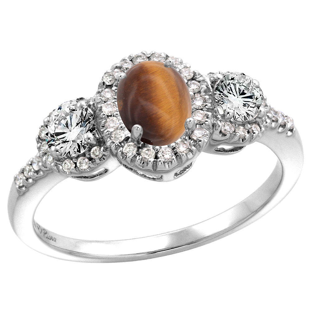 14k White Gold Diamond Genuine Tiger Eye Halo Engagement Ring Oval 7x5mm, size 5-10