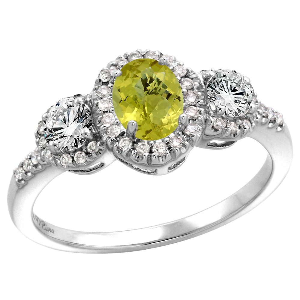 14k White Gold Diamond Genuine Lemon Quartz Halo Engagement Ring Oval 7x5mm, size 5-10