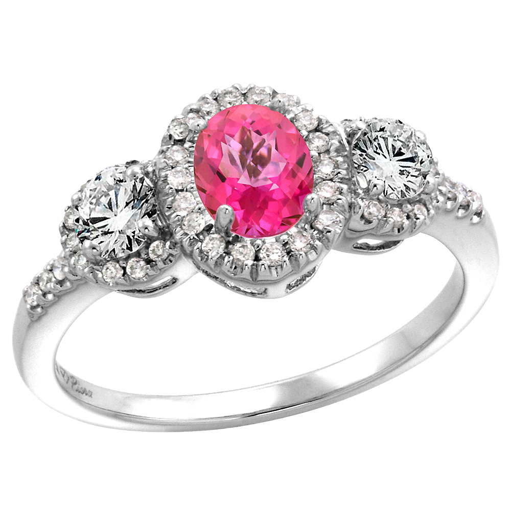 14k White Gold Diamond Genuine Pink Sapphire Halo Engagement Ring Oval 7x5mm, size 5-10