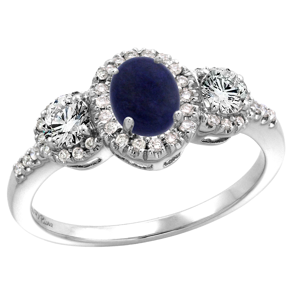 14k White Gold Diamond Genuine Lapis Lazuli Halo Engagement Ring Oval 7x5mm, size 5-10
