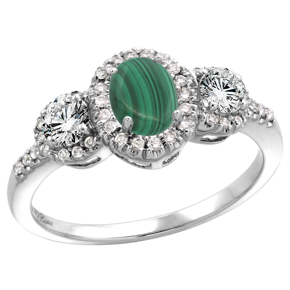14k White Gold Diamond Genuine Malachite Halo Engagement Ring Oval 7x5mm, size 5-10
