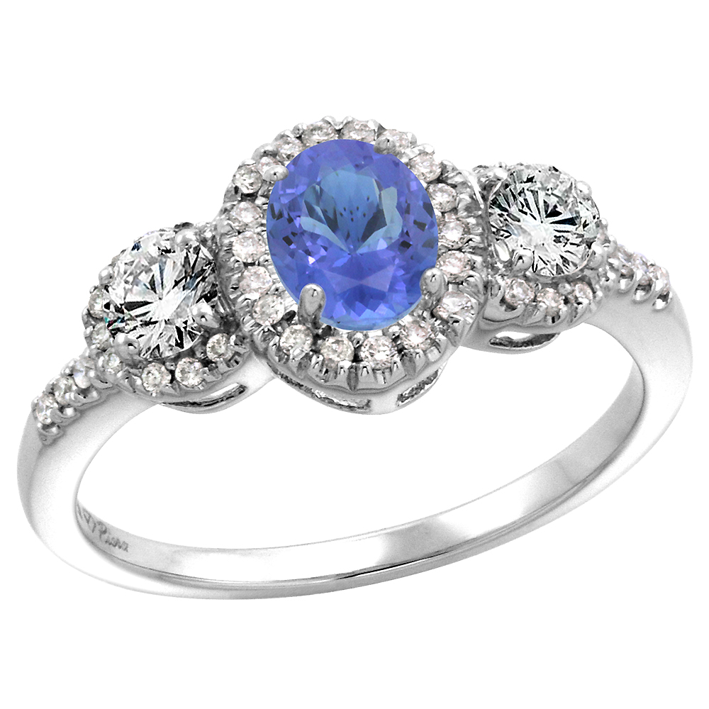 14k White Gold Diamond Genuine Tanzanite Halo Engagement Ring Oval 7x5mm, size 5-10