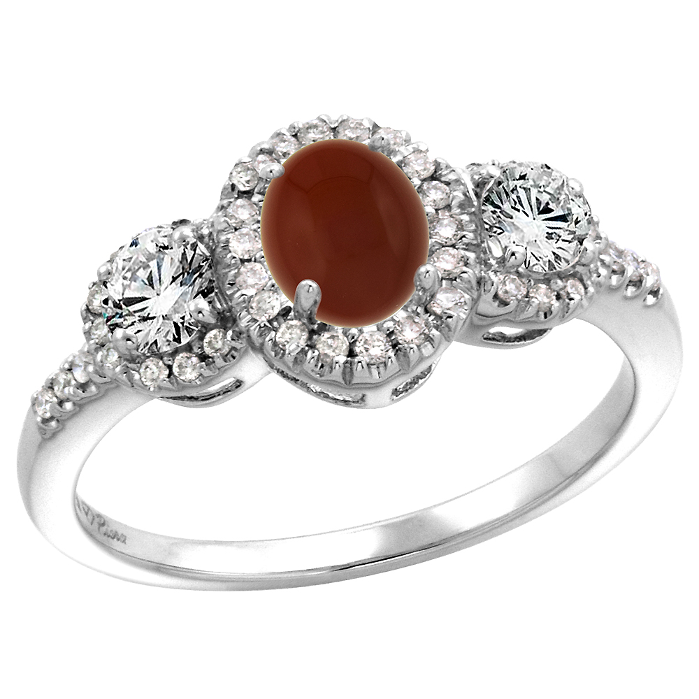 14k White Gold Diamond Genuine Brown Agate Halo Engagement Ring Oval 7x5mm, size 5-10