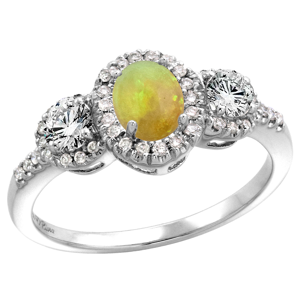 14k White Gold Diamond Genuine Ethiopian Opal Halo Engagement Ring Oval 7x5mm, size 5-10