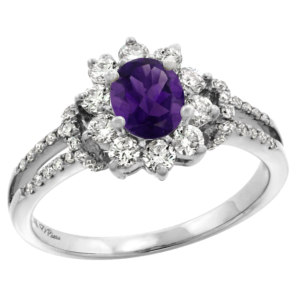 14k White Gold Diamond Genuine Amethyst Halo Engagement Ring Oval 7x5mm, size 5-10