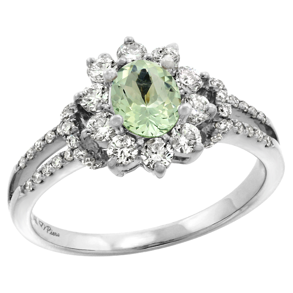 14k White Gold Diamond Genuine Green Amethyst Halo Engagement Ring Oval 7x5mm, size 5-10