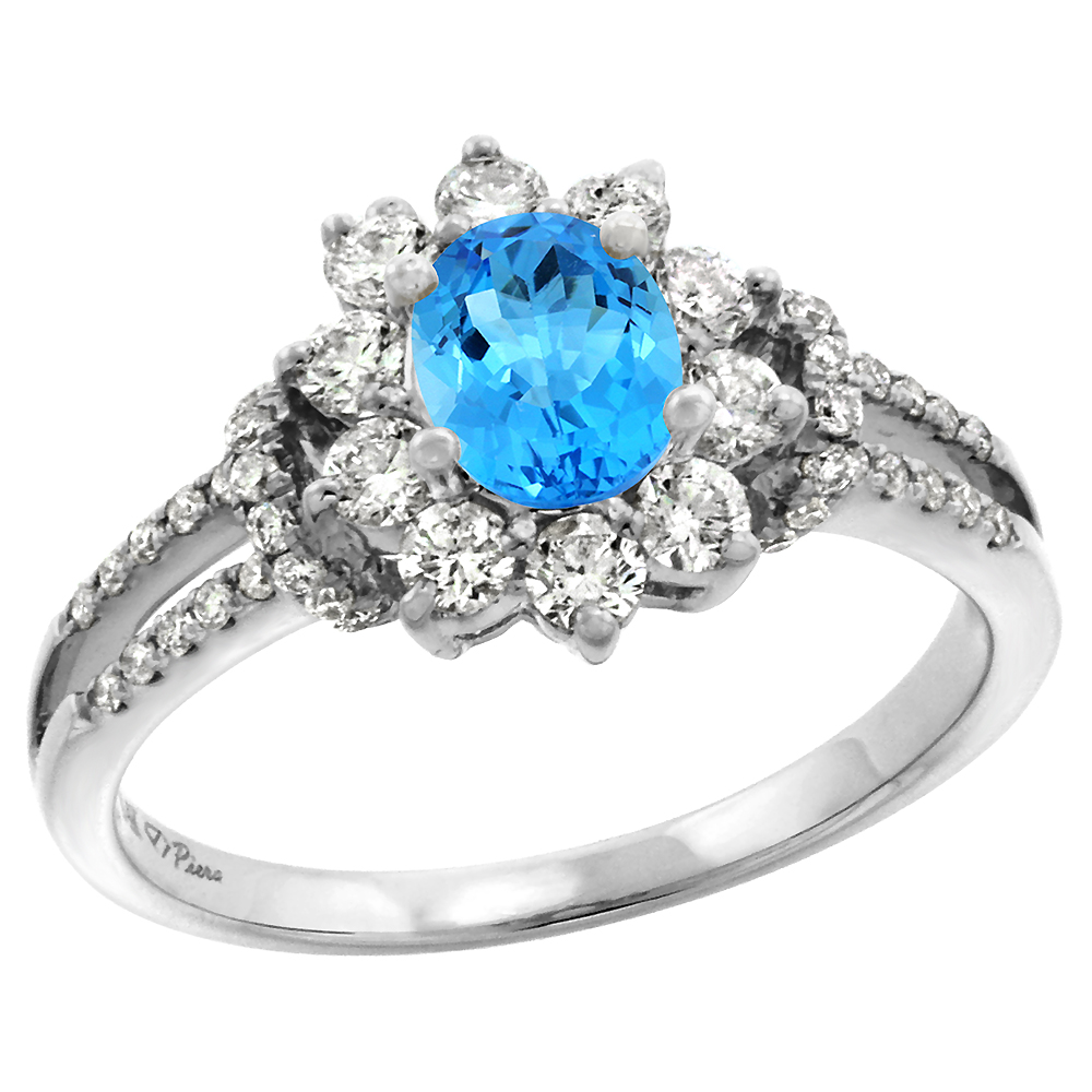 14k White Gold Diamond Genuine Swiss Blue Topaz Halo Engagement Ring Oval 7x5mm, size 5-10
