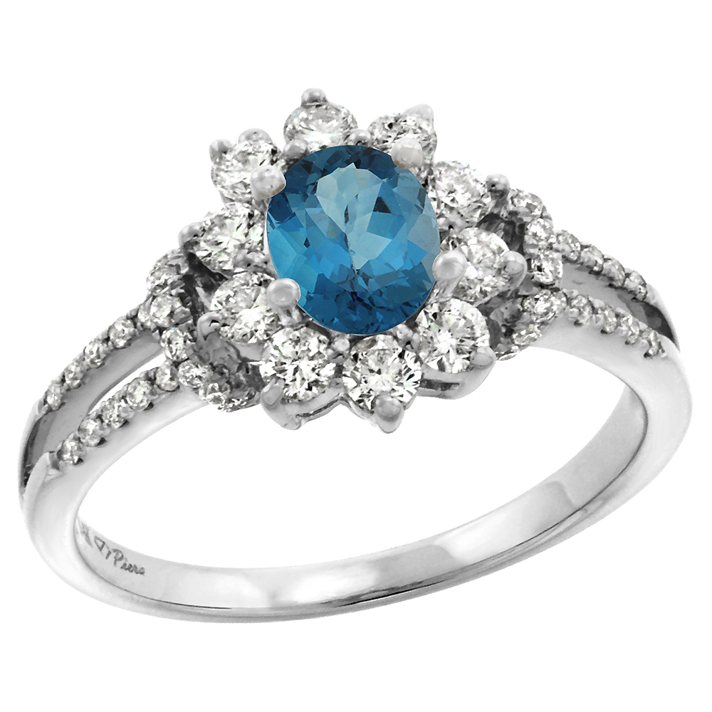 14k White Gold Diamond Genuine London Blue Topaz Halo Engagement Ring Oval 7x5mm, size 5-10