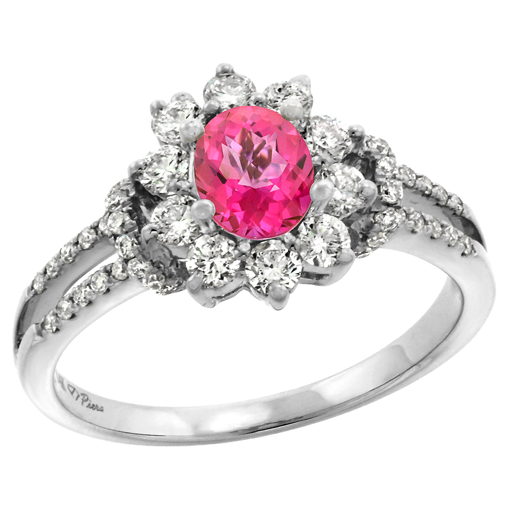 14k White Gold Diamond Genuine Pink Topaz Halo Engagement Ring Oval 7x5mm, size 5-10