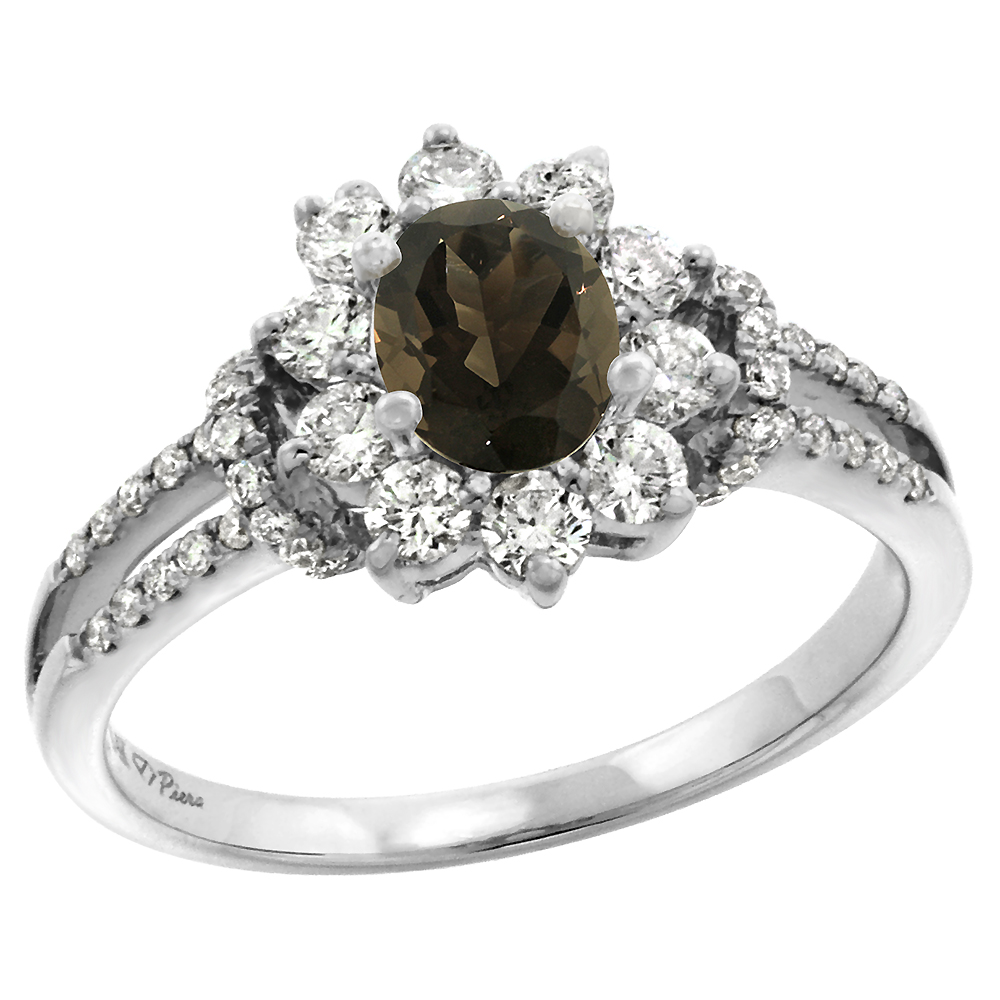 14k White Gold Diamond Genuine Smoky Topaz Halo Engagement Ring Oval 7x5mm, size 5-10