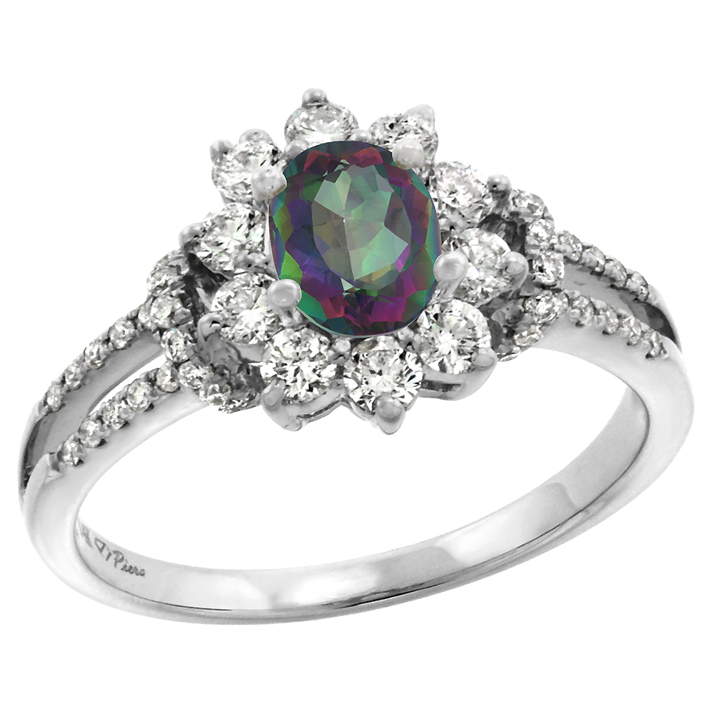 14k White Gold Diamond Genuine Mystic Topaz Halo Engagement Ring Oval 7x5mm, size 5-10