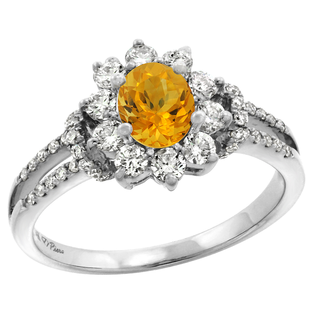 14k White Gold Diamond Genuine Citrine Halo Engagement Ring Oval 7x5mm, size 5-10