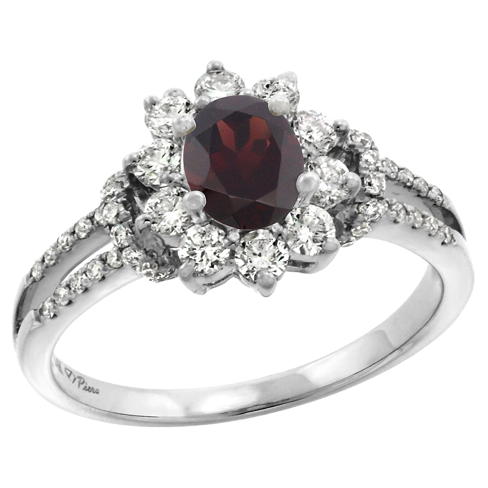 14k White Gold Diamond Genuine Garnet Halo Engagement Ring Oval 7x5mm, size 5-10