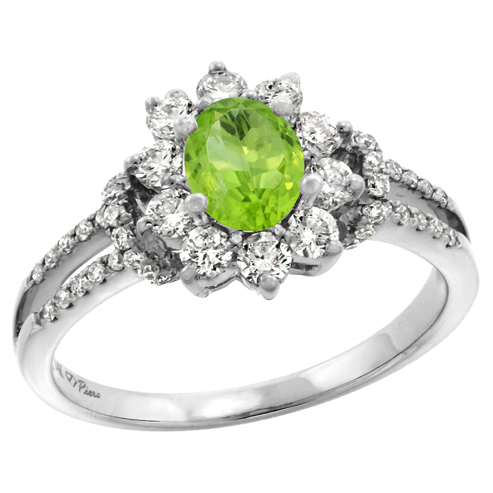 14k White Gold Diamond Genuine Peridot Halo Engagement Ring Oval 7x5mm, size 5-10