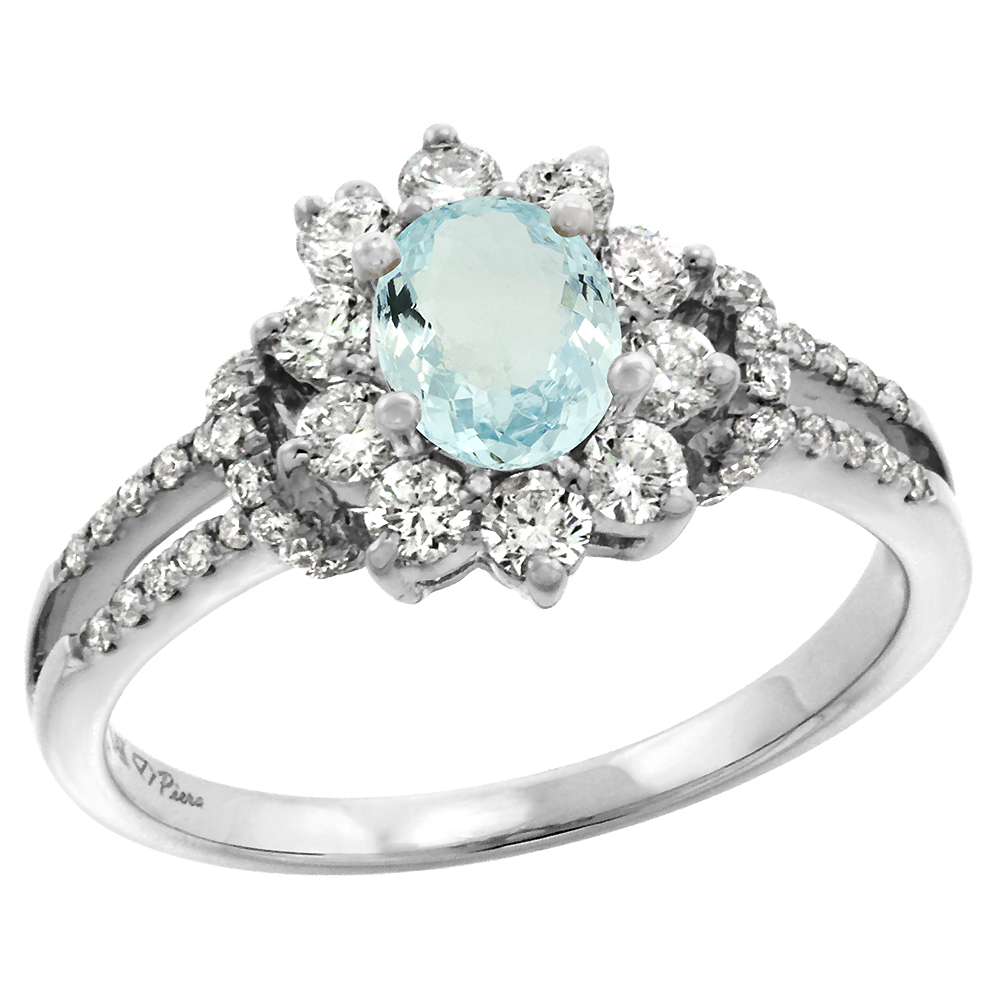 14k White Gold Diamond Genuine Aquamarine Halo Engagement Ring Oval 7x5mm, size 5-10