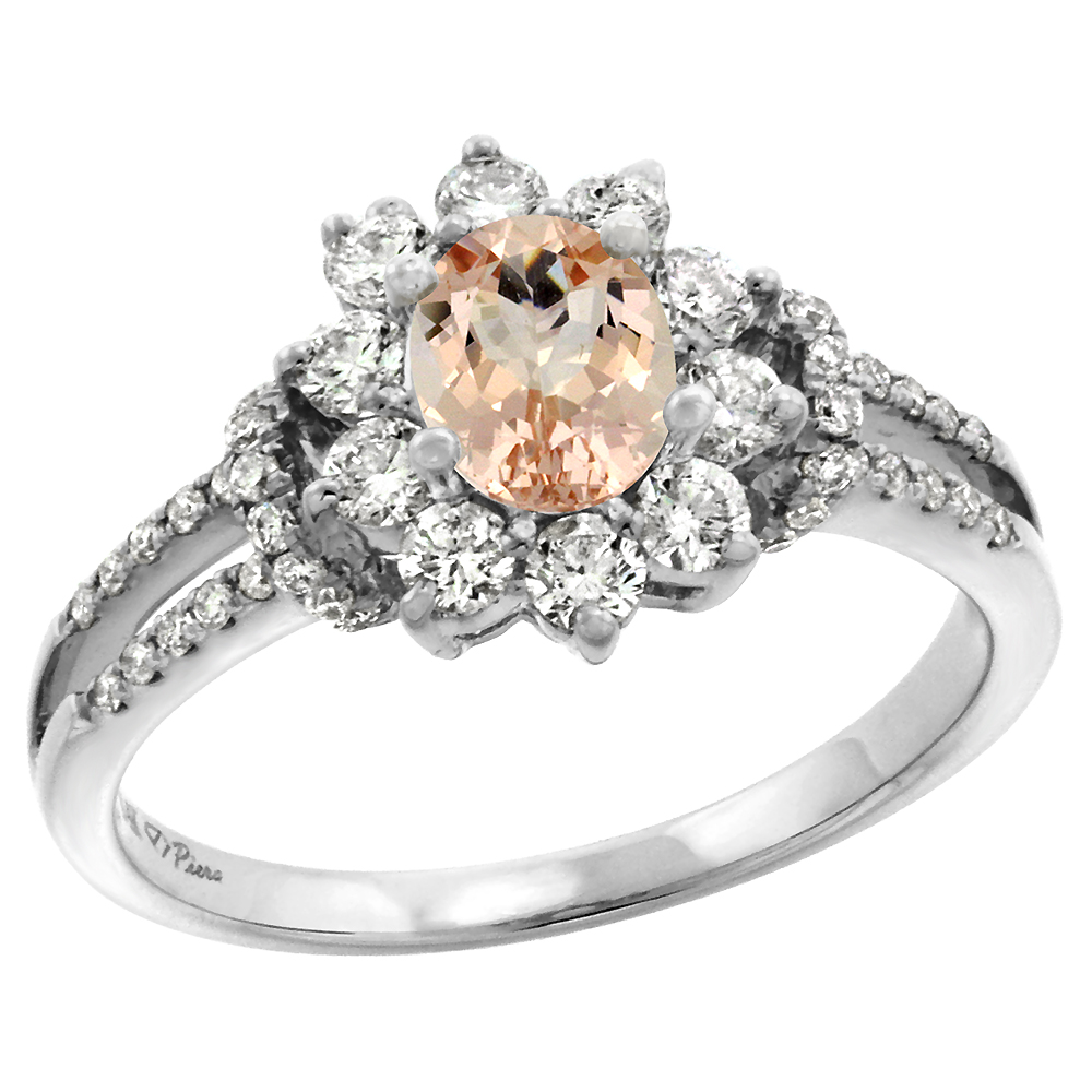 14k White Gold Diamond Genuine Morganite Halo Engagement Ring Oval 7x5mm, size 5-10
