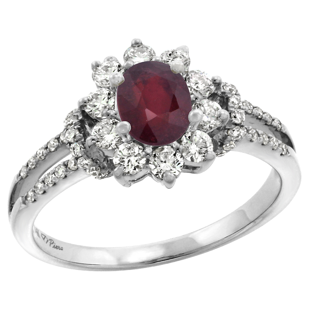 14k White Gold Diamond Enhanced Genuine Ruby Halo Engagement Ring Oval 7x5mm, size 5-10
