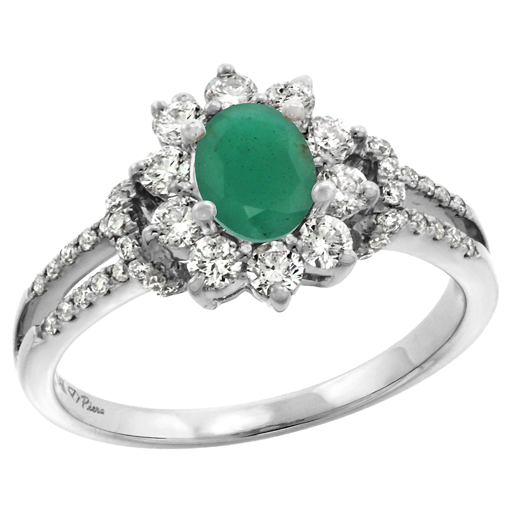 14k White Gold Diamond Genuine Emerald Halo Engagement Ring Oval 7x5mm, size 5-10