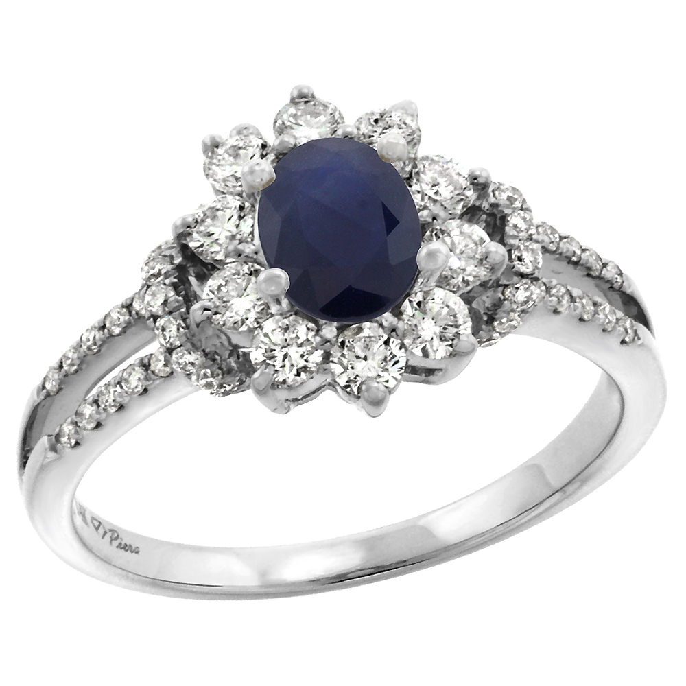 14k White Gold Diamond Genuine Blue Sapphire Halo Engagement Ring Oval 7x5mm, size 5-10