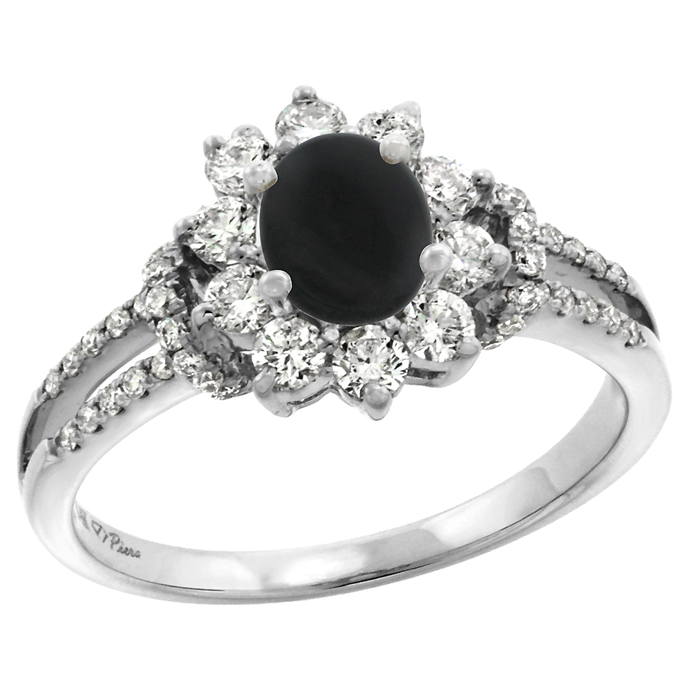 14k White Gold Diamond Genuine Black Onyx Halo Engagement Ring Oval 7x5mm, size 5-10