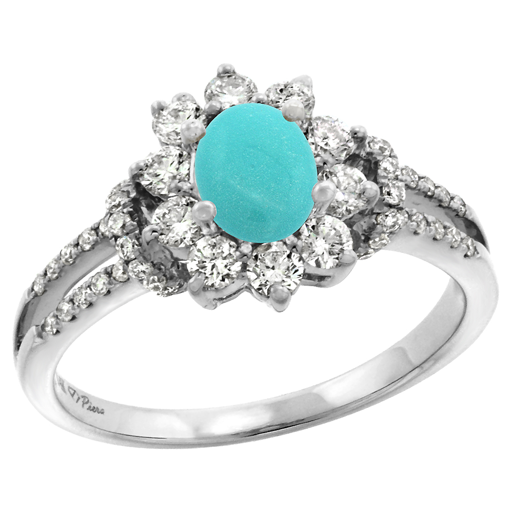 14k White Gold Diamond Genuine Turquoise Halo Engagement Ring Oval 7x5mm, size 5-10