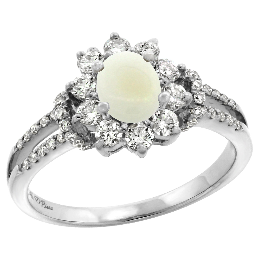 14k White Gold Diamond Genuine Opal Halo Engagement Ring Oval 7x5mm, size 5-10