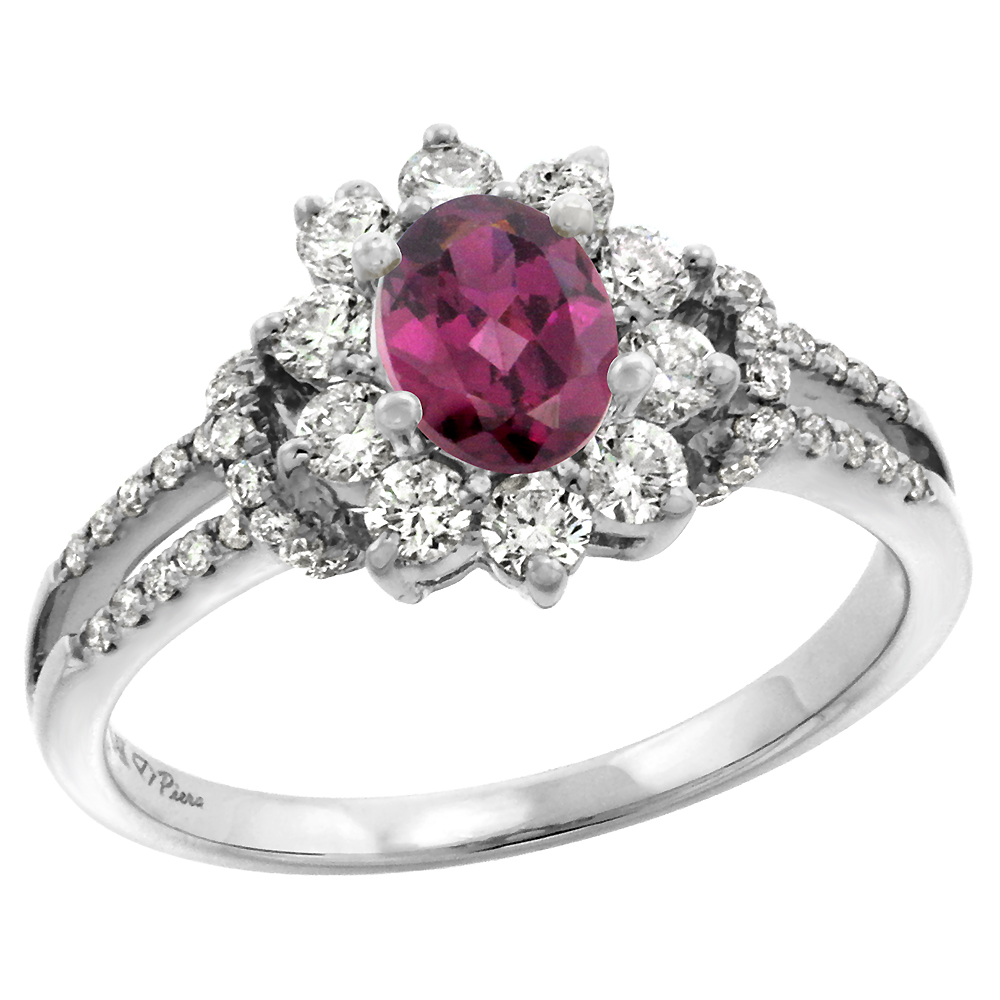 14k White Gold Diamond Genuine Rhodolite Garnet Halo Engagement Ring Oval 7x5mm, size 5-10