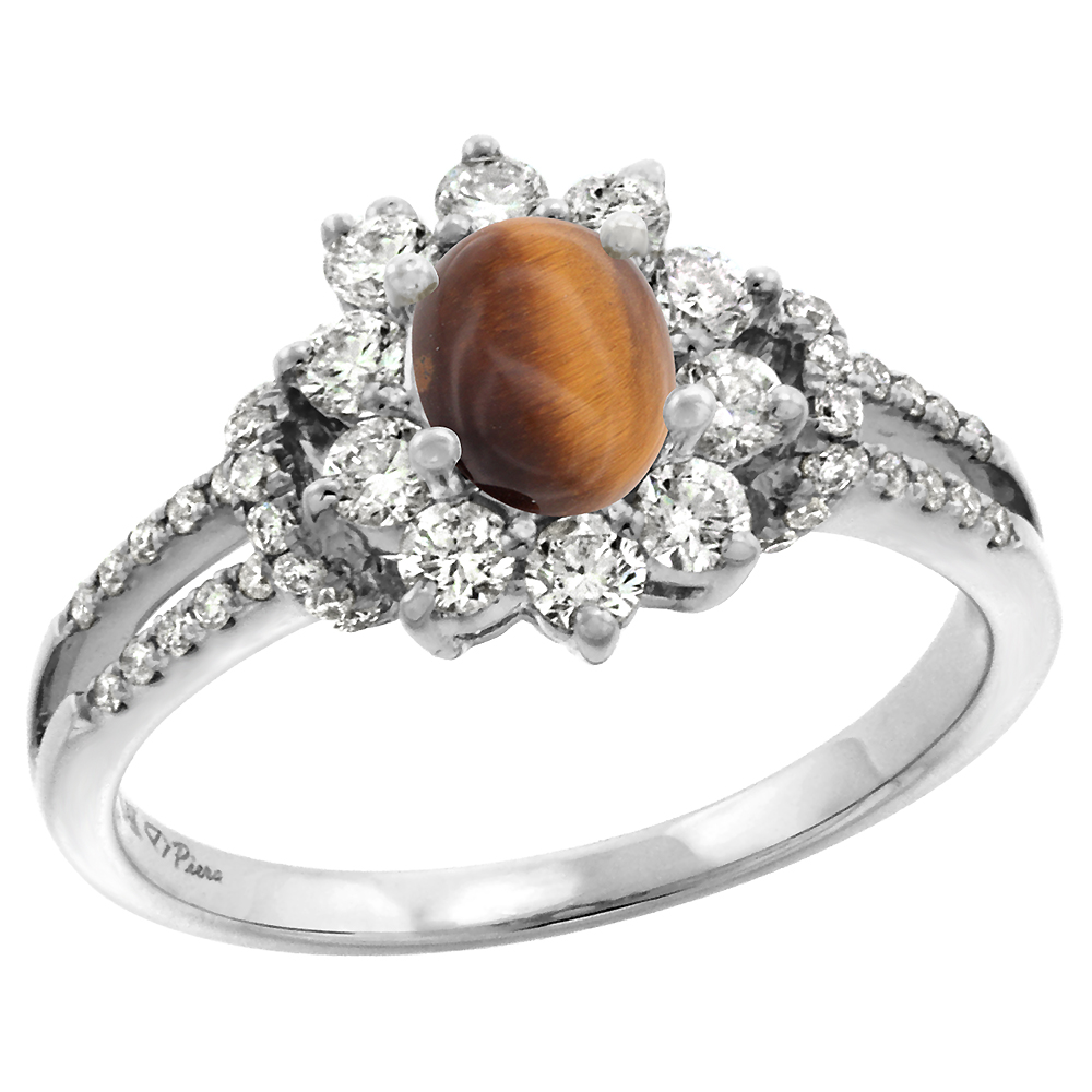 14k White Gold Diamond Genuine Tiger Eye Halo Engagement Ring Oval 7x5mm, size 5-10