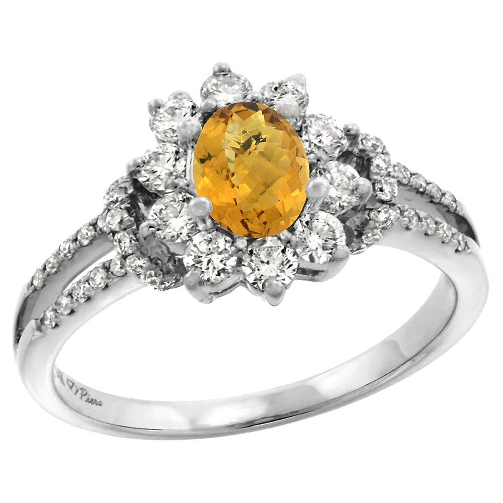 14k White Gold Diamond Genuine Whisky Quartz Halo Engagement Ring Oval 7x5mm, size 5-10